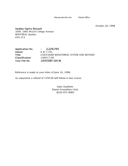 Canadian Patent Document 2229705. Correspondence 19981020. Image 1 of 1