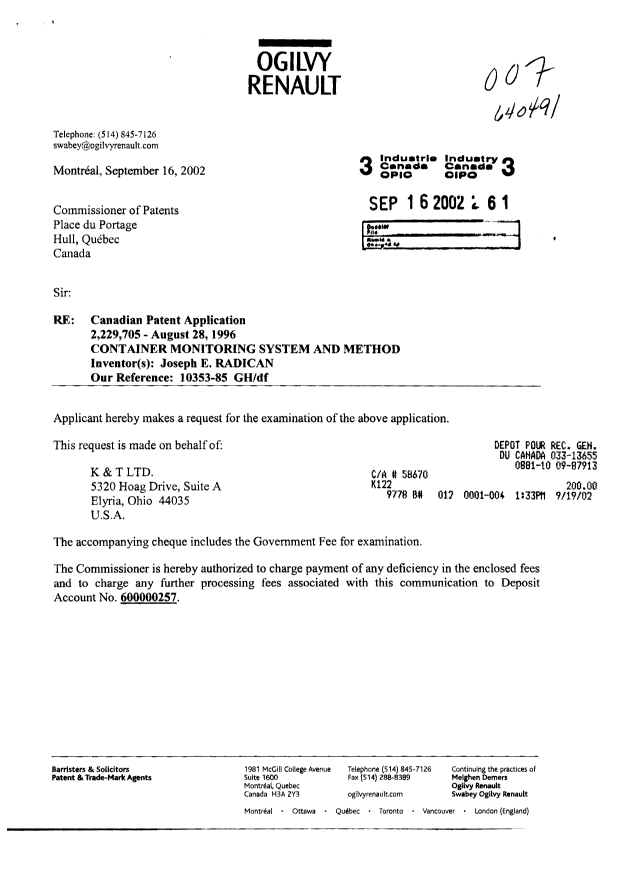 Document de brevet canadien 2229705. Poursuite-Amendment 20020916. Image 1 de 2