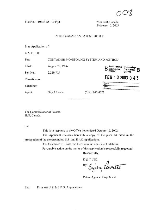 Document de brevet canadien 2229705. Poursuite-Amendment 20030210. Image 1 de 1