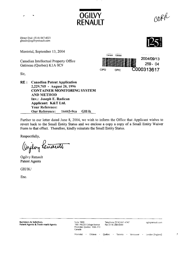 Canadian Patent Document 2229705. Correspondence 20040913. Image 1 of 3