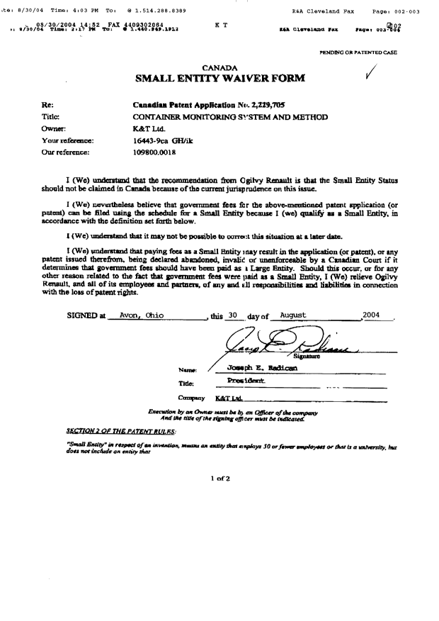 Canadian Patent Document 2229705. Correspondence 20040913. Image 2 of 3