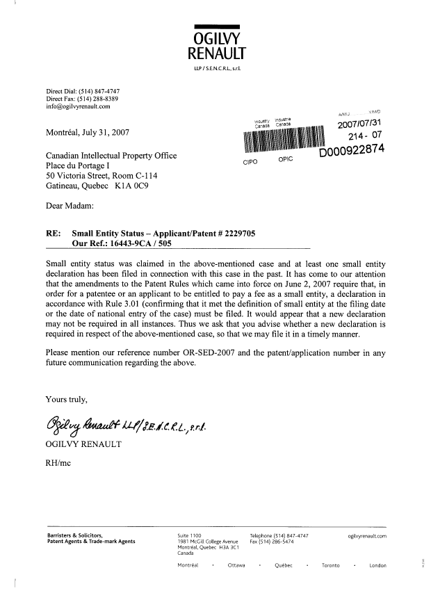 Document de brevet canadien 2229705. Correspondance 20070731. Image 1 de 1