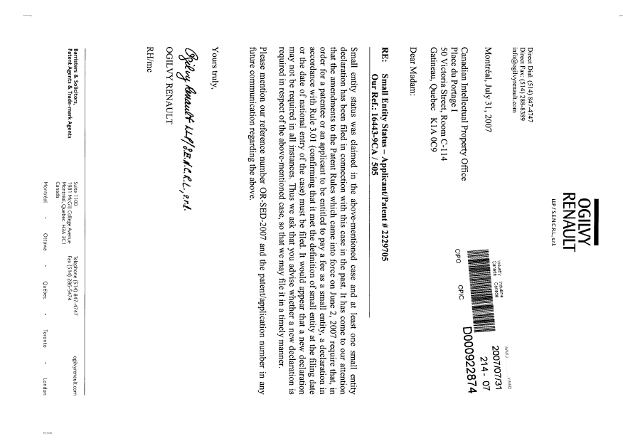 Canadian Patent Document 2229705. Correspondence 20070731. Image 1 of 1