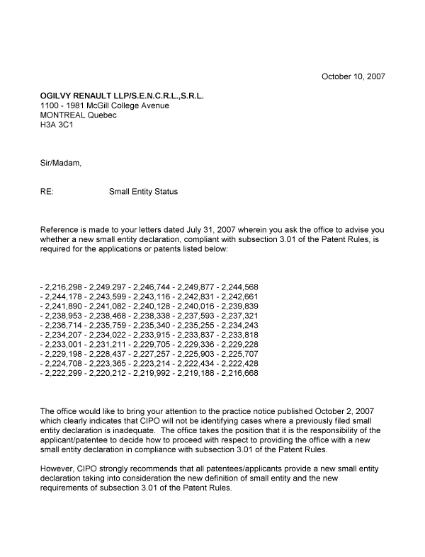 Document de brevet canadien 2229705. Correspondance 20071011. Image 1 de 2