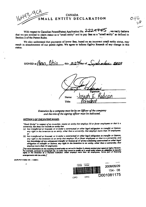 Document de brevet canadien 2229705. Correspondance 20080529. Image 1 de 1