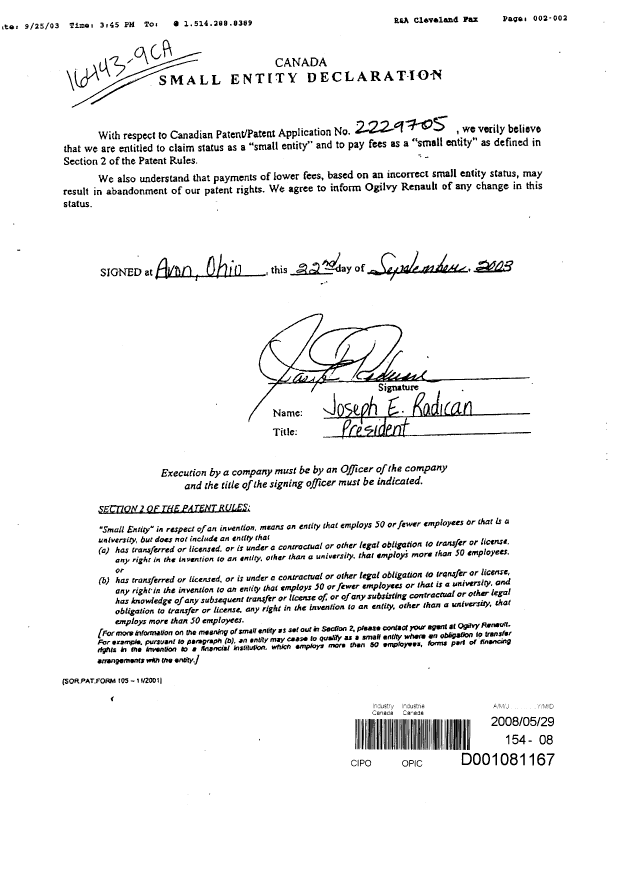Document de brevet canadien 2229705. Taxes 20080529. Image 1 de 1