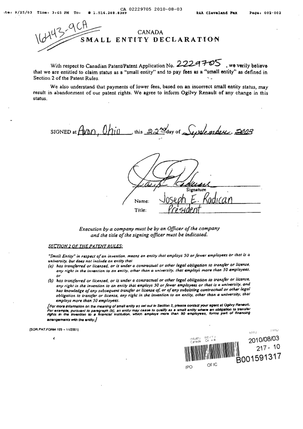 Document de brevet canadien 2229705. Correspondance 20100803. Image 1 de 1