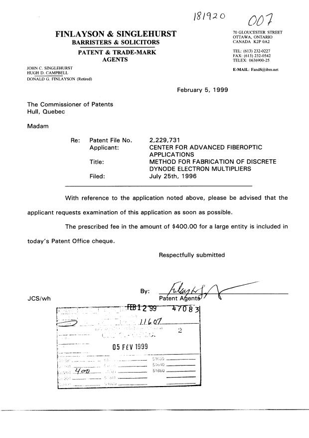 Canadian Patent Document 2229731. Prosecution-Amendment 19990205. Image 1 of 1