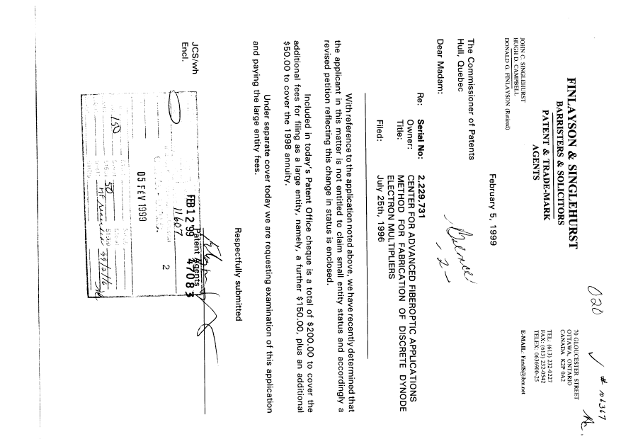 Canadian Patent Document 2229731. Correspondence 19990205. Image 1 of 3