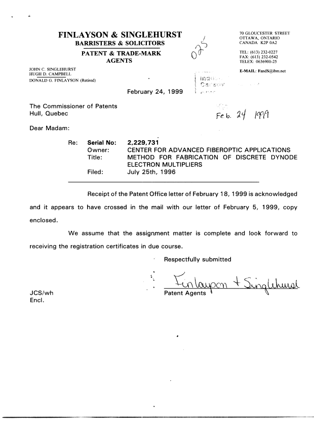 Document de brevet canadien 2229731. Cession 19990224. Image 1 de 1