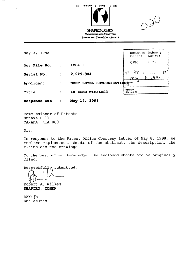 Canadian Patent Document 2229904. Correspondence 19980508. Image 1 of 24