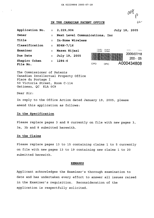 Canadian Patent Document 2229904. Prosecution-Amendment 20050718. Image 1 of 14