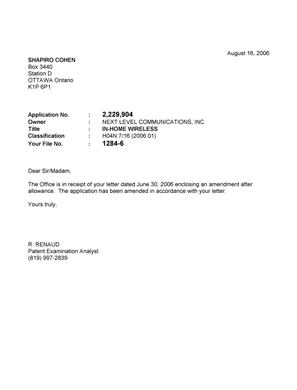 Canadian Patent Document 2229904. Prosecution-Amendment 20060816. Image 1 of 1