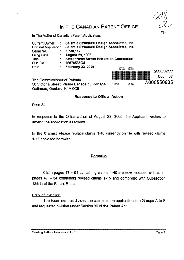 Document de brevet canadien 2230112. Poursuite-Amendment 20060222. Image 1 de 11