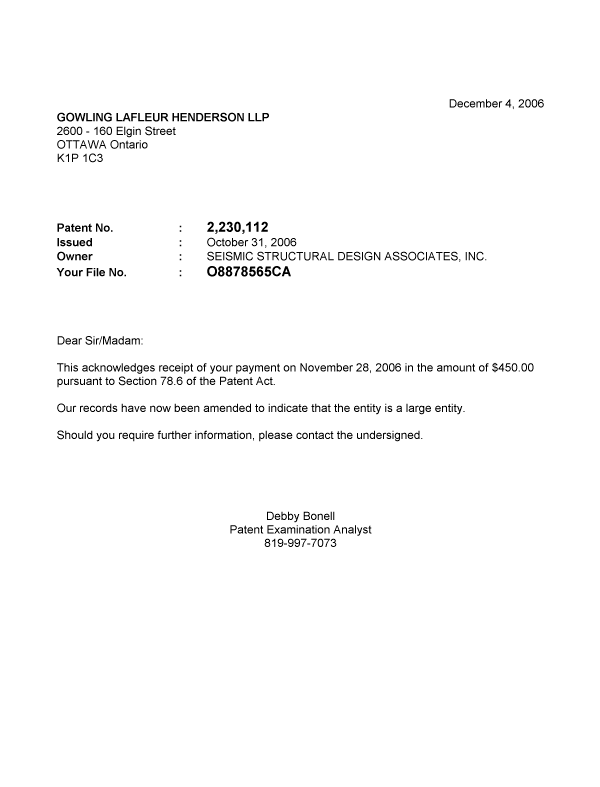 Document de brevet canadien 2230112. Correspondance 20061204. Image 1 de 1