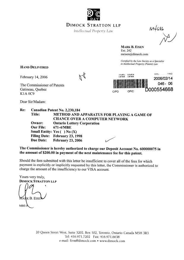 Canadian Patent Document 2230184. Fees 20060214. Image 1 of 1