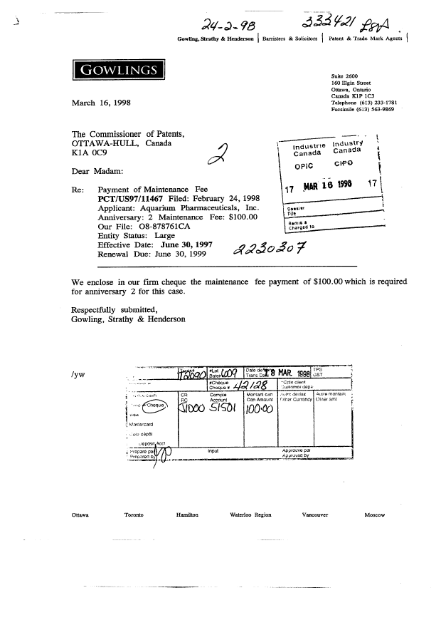 Canadian Patent Document 2230307. Fees 19980316. Image 1 of 4