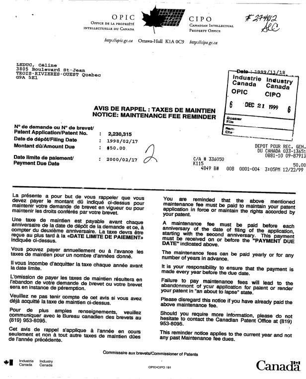 Canadian Patent Document 2230315. Fees 19991221. Image 1 of 1