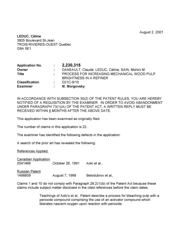 Canadian Patent Document 2230315. Prosecution-Amendment 20001202. Image 1 of 3
