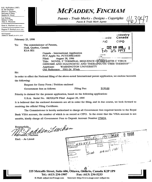 Document de brevet canadien 2230452. Cession 19980225. Image 1 de 2