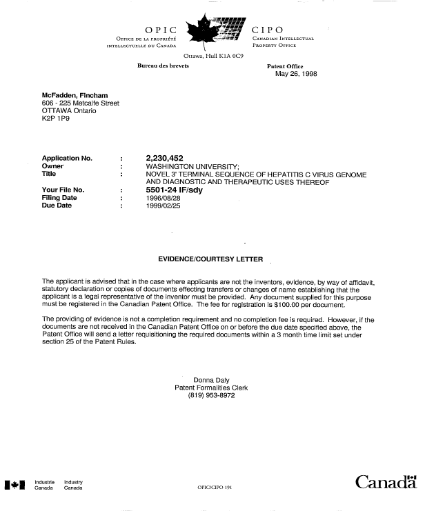 Document de brevet canadien 2230452. Correspondance 19980526. Image 1 de 1