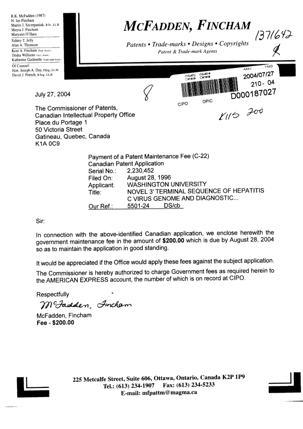 Document de brevet canadien 2230452. Taxes 20040727. Image 1 de 1
