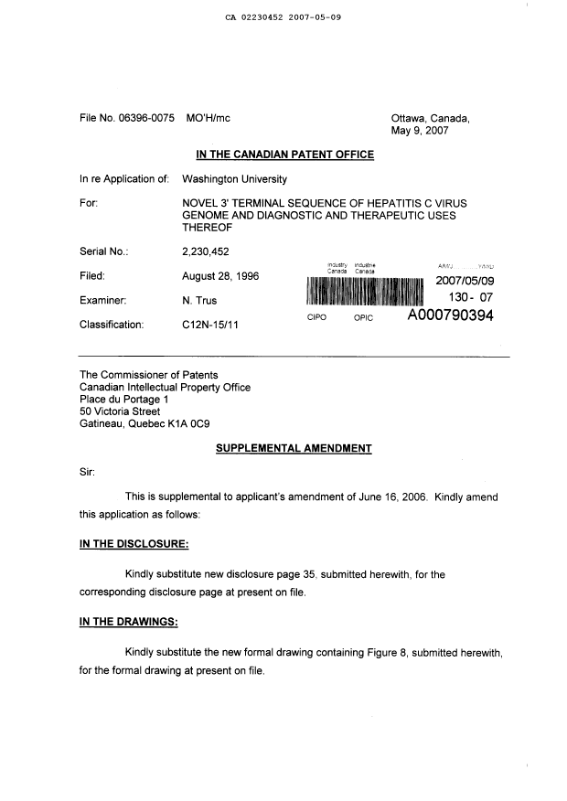 Document de brevet canadien 2230452. Poursuite-Amendment 20070509. Image 1 de 21