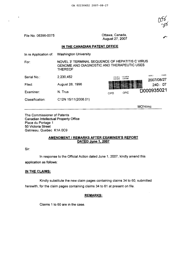 Canadian Patent Document 2230452. Prosecution-Amendment 20070827. Image 1 of 6