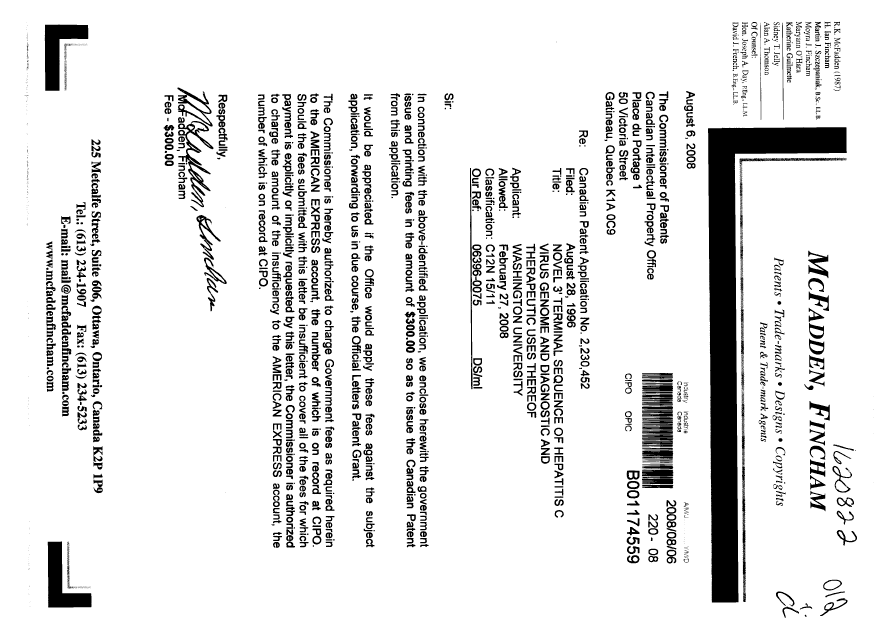 Canadian Patent Document 2230452. Correspondence 20080806. Image 1 of 1