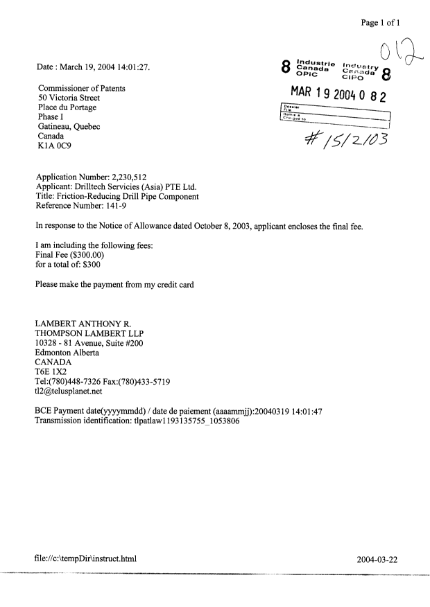 Document de brevet canadien 2230512. Correspondance 20040319. Image 1 de 1