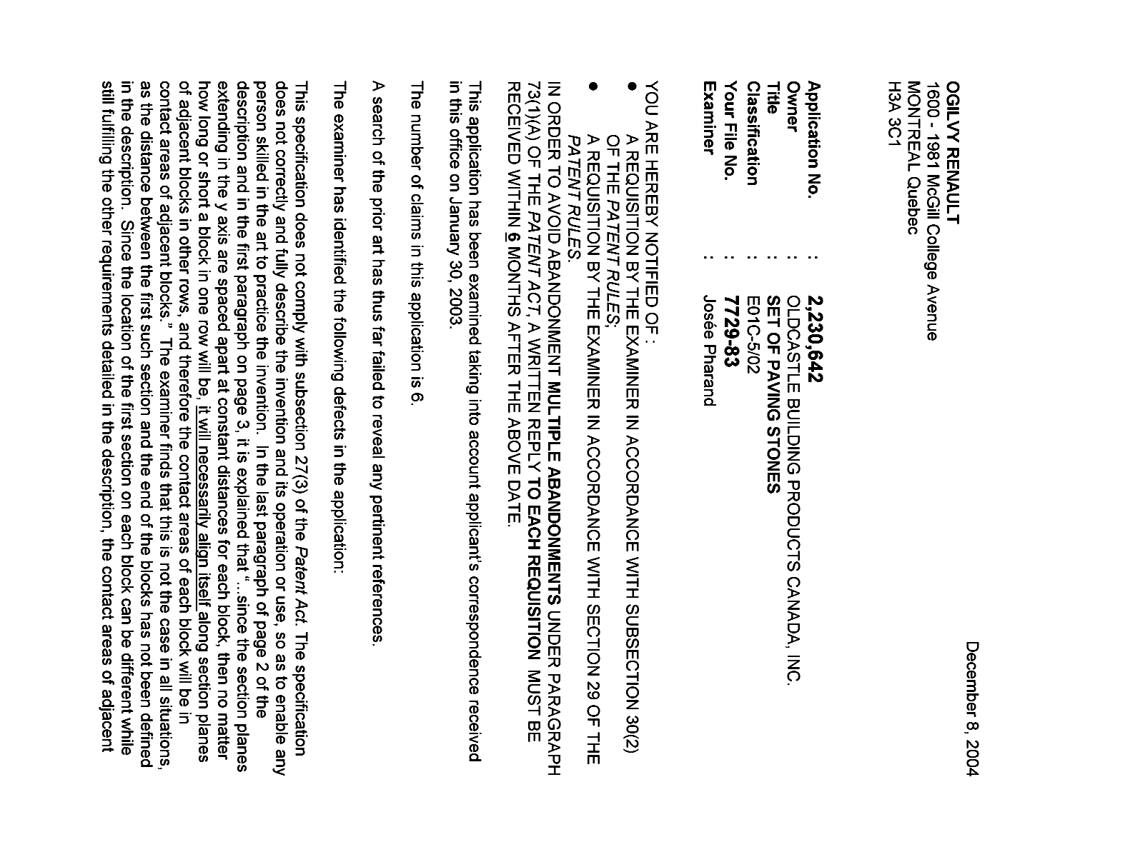 Canadian Patent Document 2230642. Prosecution-Amendment 20041208. Image 1 of 3