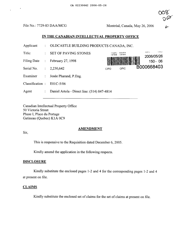 Canadian Patent Document 2230642. Prosecution-Amendment 20060526. Image 1 of 8