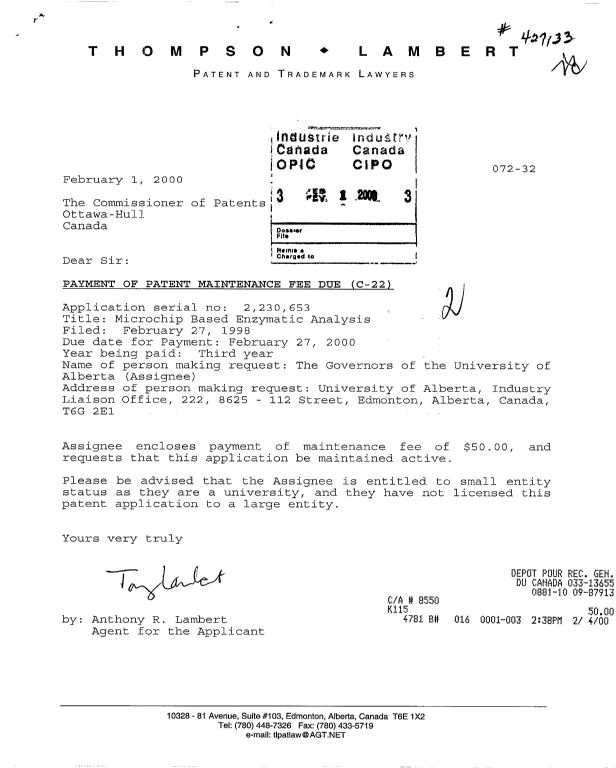 Document de brevet canadien 2230653. Taxes 20000201. Image 1 de 1
