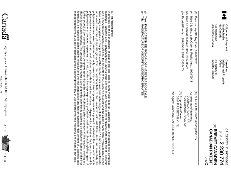 Document de brevet canadien 2230774. Page couverture 20061207. Image 1 de 1