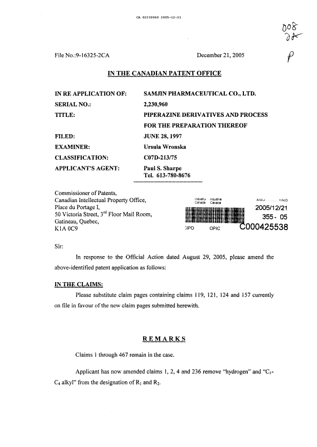 Canadian Patent Document 2230960. Prosecution-Amendment 20051221. Image 1 of 6