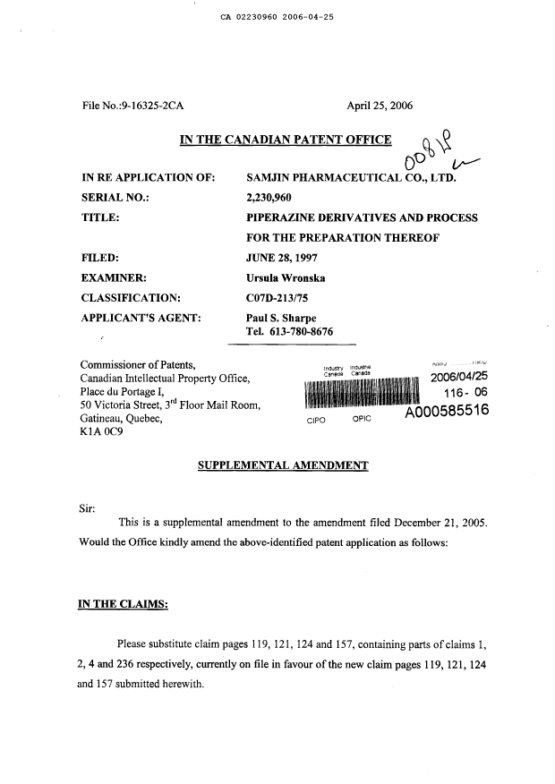 Canadian Patent Document 2230960. Prosecution-Amendment 20060425. Image 1 of 6