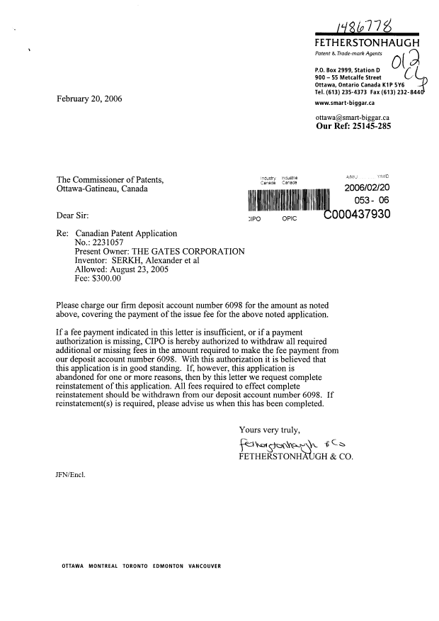 Document de brevet canadien 2231057. Correspondance 20060220. Image 1 de 1