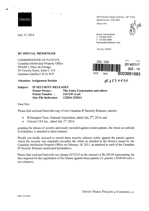 Document de brevet canadien 2231057. Cession 20140717. Image 1 de 21