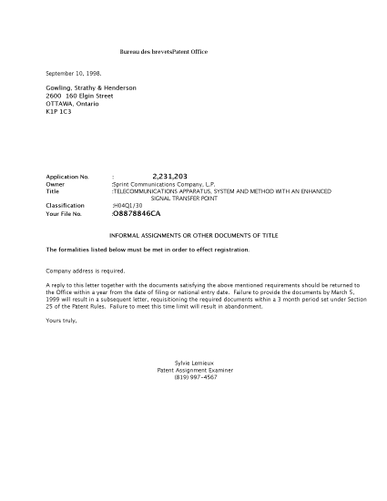 Canadian Patent Document 2231203. Correspondence 19980909. Image 1 of 1