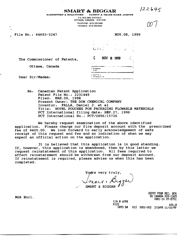 Document de brevet canadien 2231449. Poursuite-Amendment 19991108. Image 1 de 1