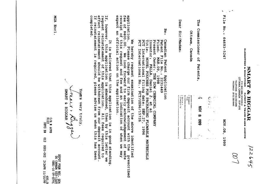 Canadian Patent Document 2231449. Prosecution-Amendment 19991108. Image 1 of 1