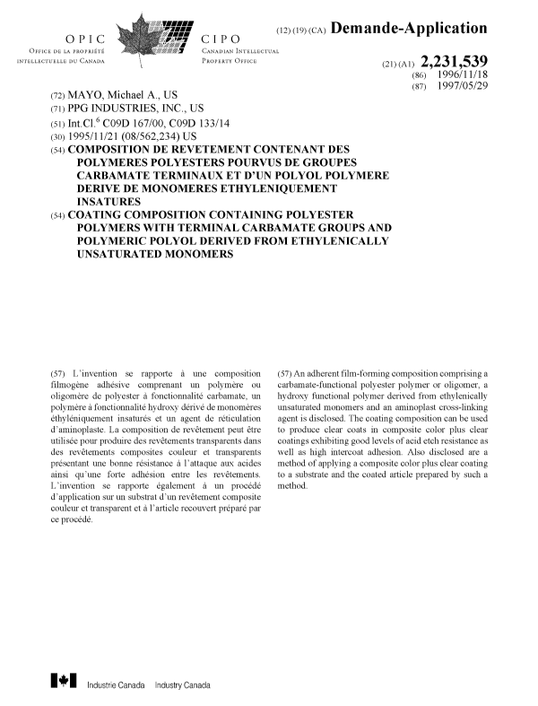 Document de brevet canadien 2231539. Page couverture 19980617. Image 1 de 1