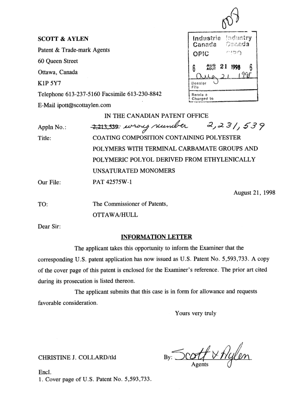 Canadian Patent Document 2231539. Prosecution-Amendment 19980821. Image 1 of 2