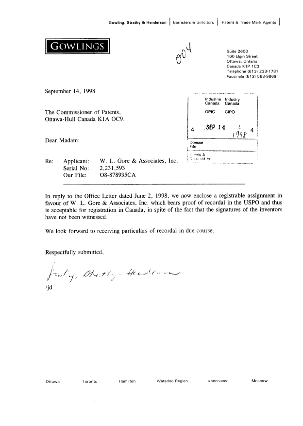 Canadian Patent Document 2231593. Assignment 19980914. Image 1 of 5