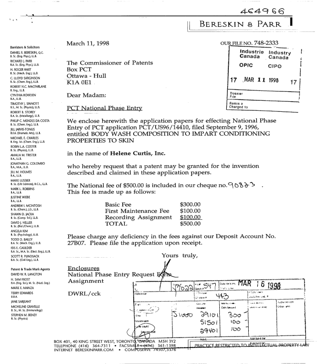 Document de brevet canadien 2231809. Cession 19980311. Image 1 de 4