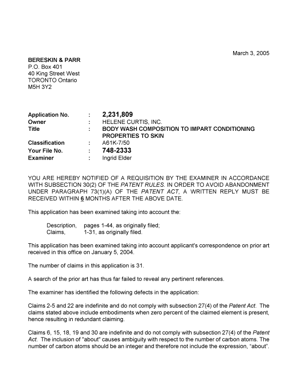 Document de brevet canadien 2231809. Poursuite-Amendment 20050303. Image 1 de 2