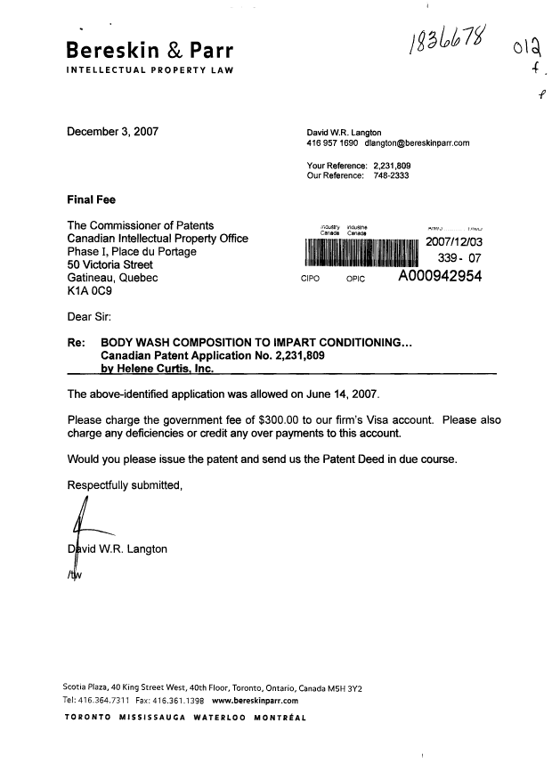 Document de brevet canadien 2231809. Correspondance 20071203. Image 1 de 1