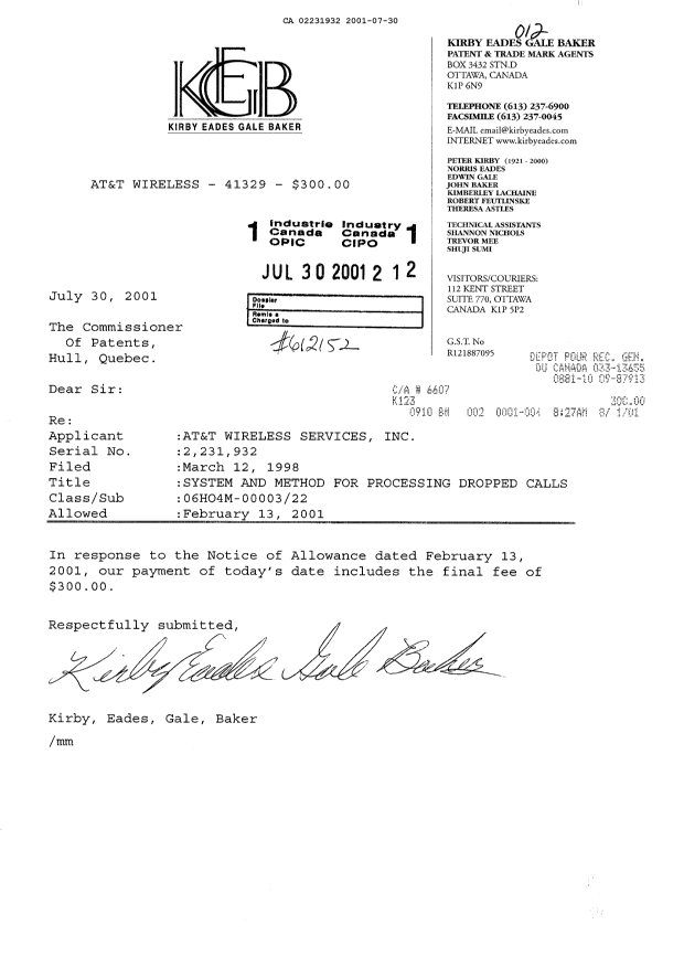 Document de brevet canadien 2231932. Correspondance 20001230. Image 1 de 1