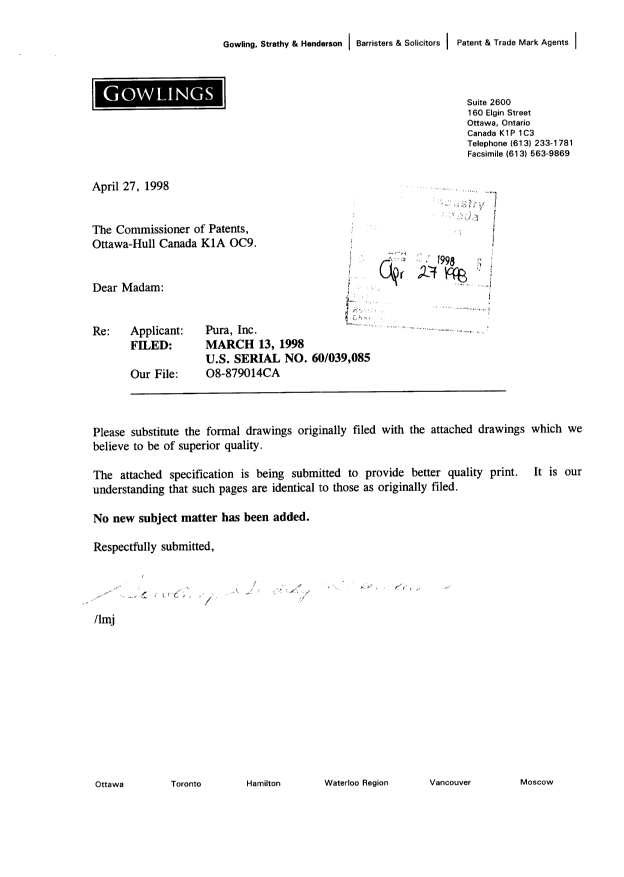 Canadian Patent Document 2231990. Correspondence 19980427. Image 1 of 14