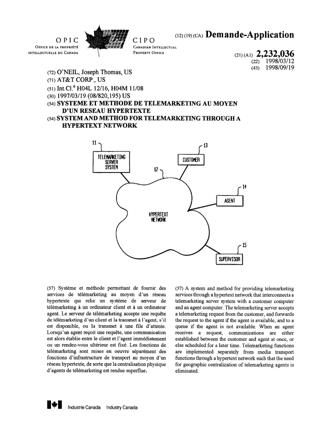 Document de brevet canadien 2232036. Page couverture 19981001. Image 1 de 1